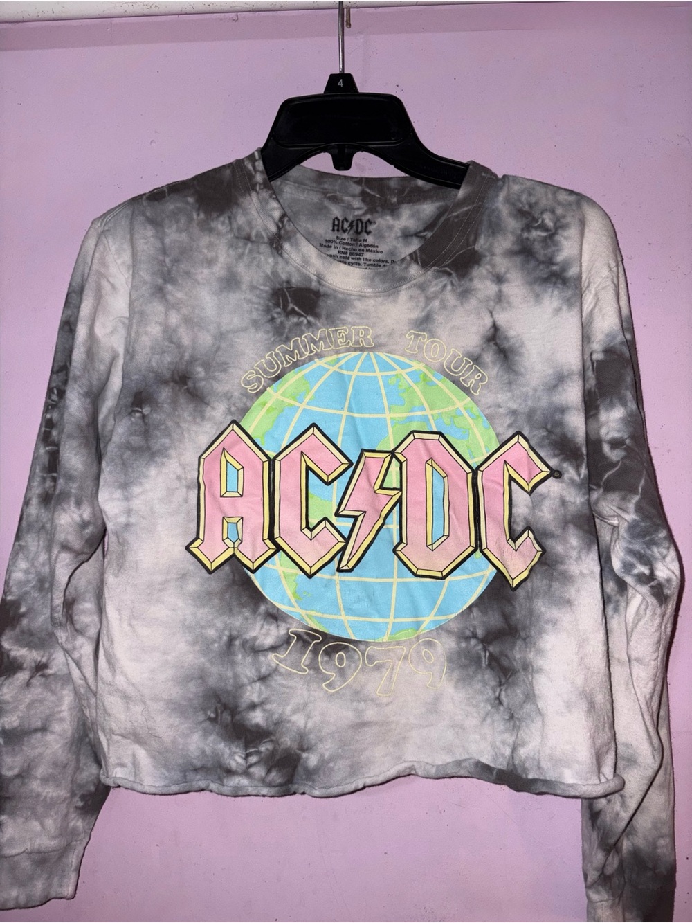 AC/DC Tie-Dye Long Sleeve Crop Top - Black, Gray & Pink Logo